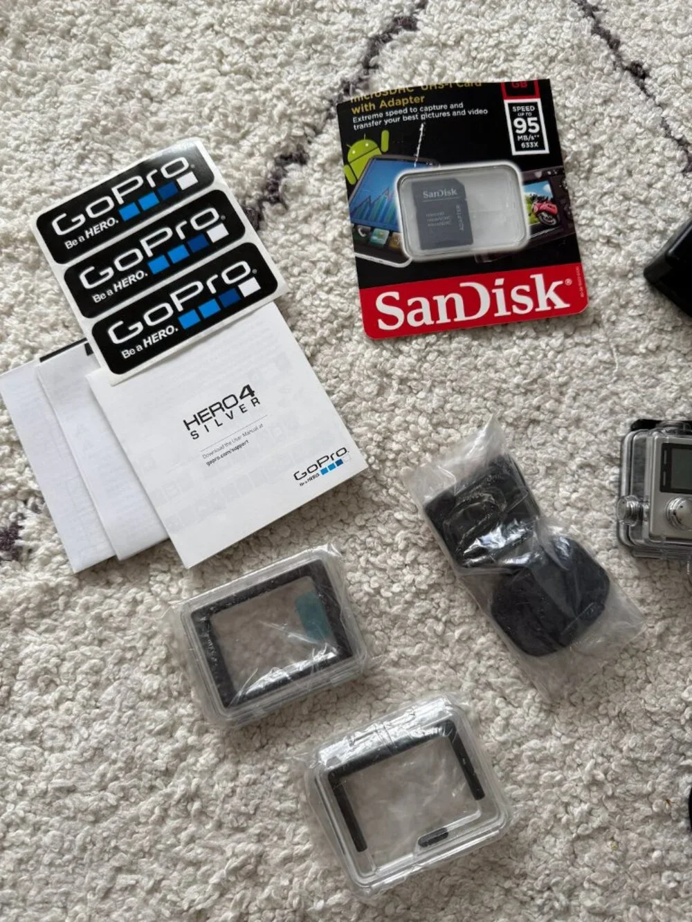 Brand New Go Pro Hero 4 silver waterproof - with selfie stick, 32GB card